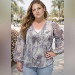 Lane Bryant Sheer Blouse Size 18/20 Gray Purple Abstract Print Long Puffy Sleeve